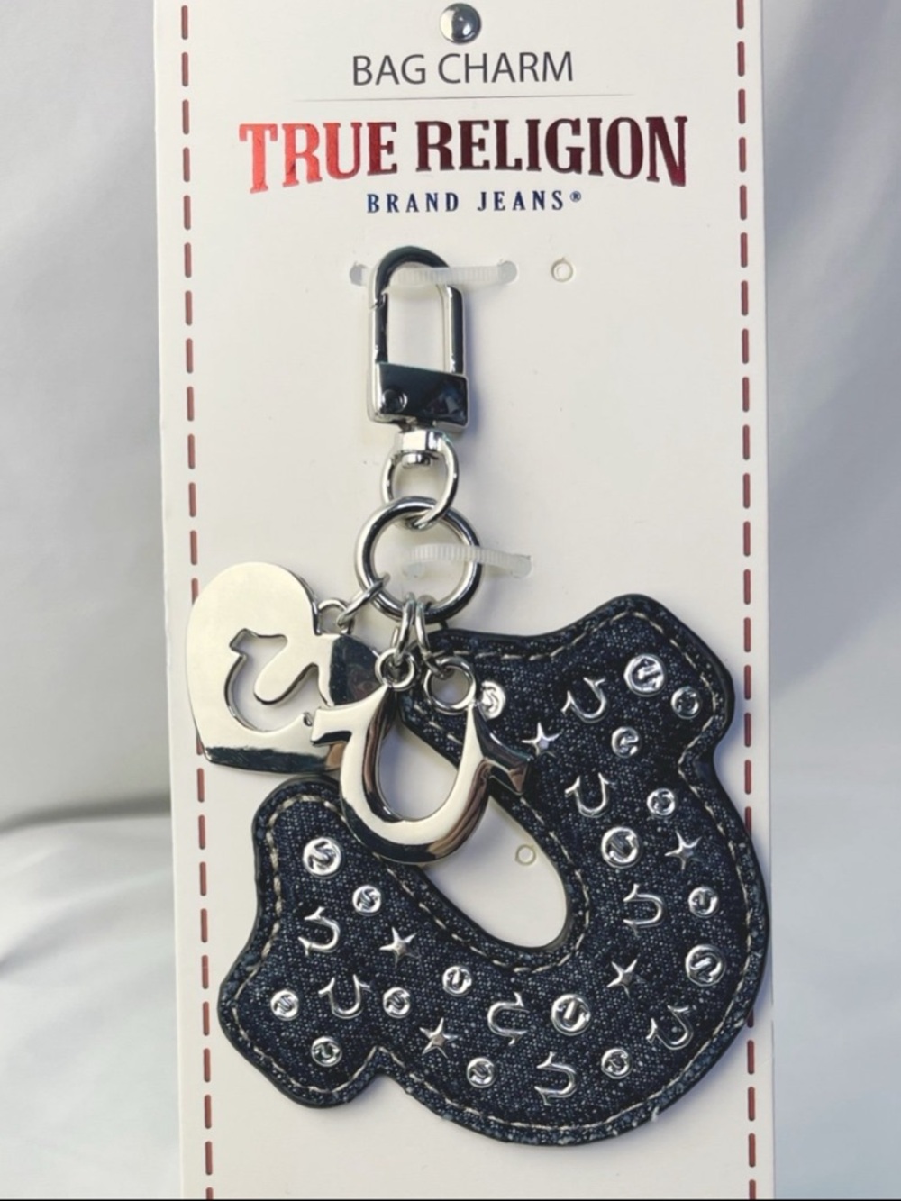 NEW True Religion Denim Horseshoe W/ Logo Stud Embellishment Bag Charm Keychain